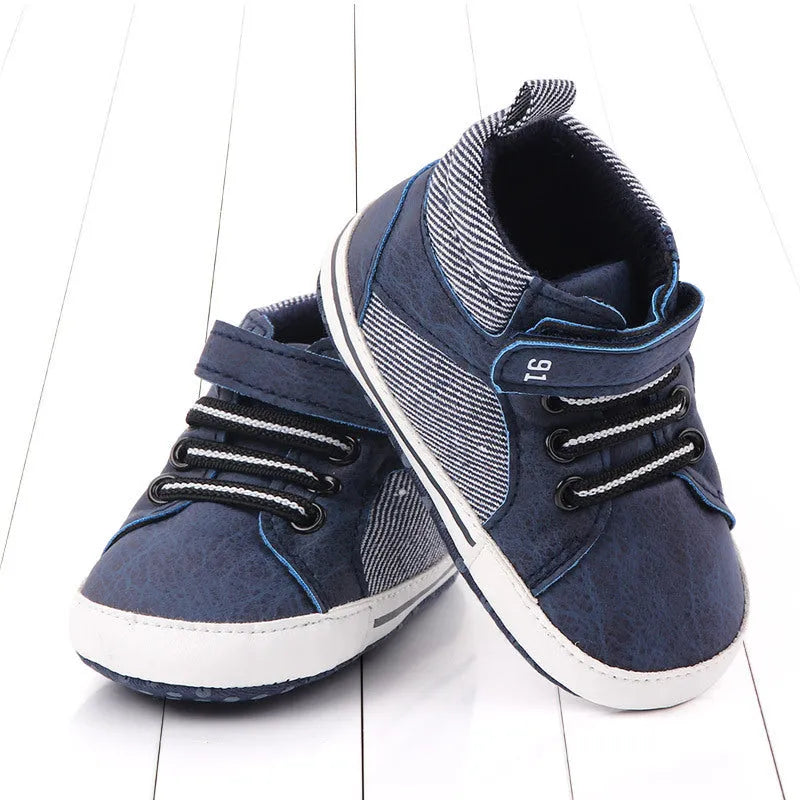 Blue high top cotton toddler shoes with Velcro strap for boys