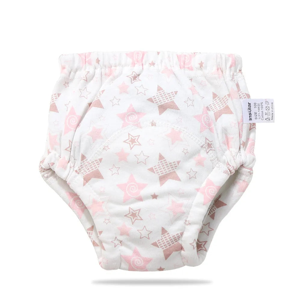 Baby training learning pants in cotton gauze with TPU waterproof layer, shown in panda print on white background