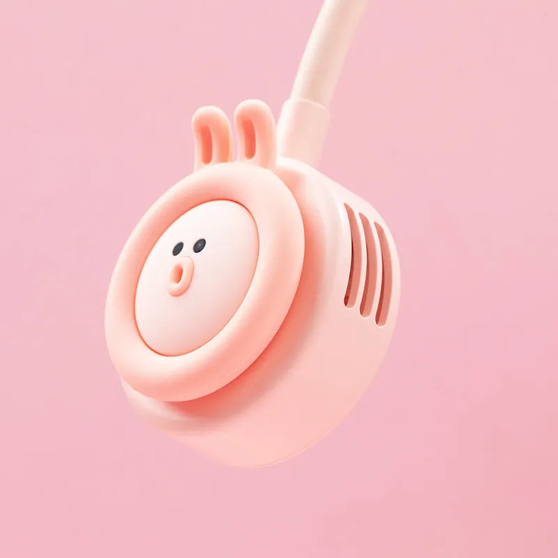 Pink leafless hanging neck fan showing compact folded design with USB port