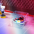 Large transparent acrylic shoe storage box with a magnetic side door open, showing interior space.