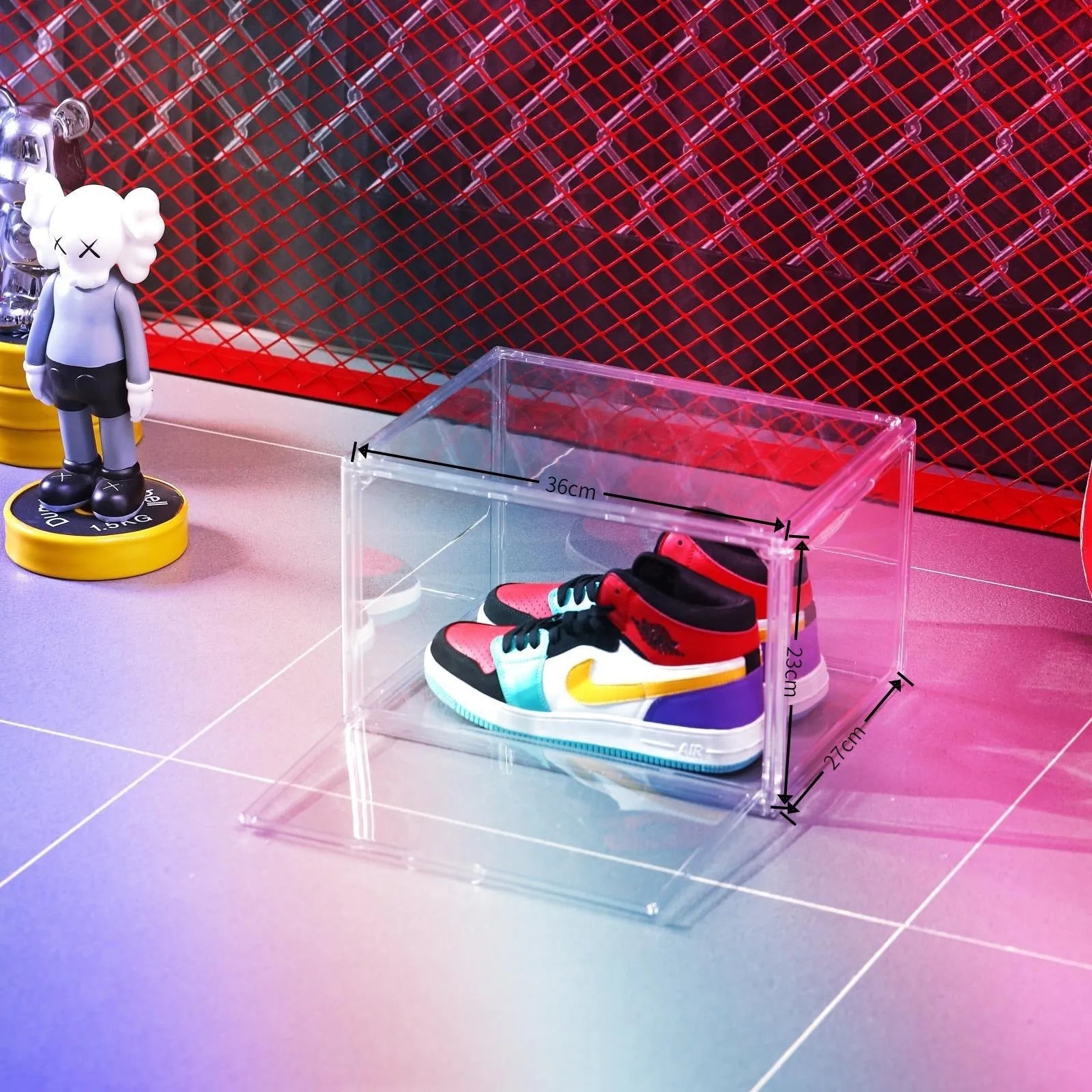 Large transparent acrylic shoe storage box with a magnetic side door open, showing interior space.