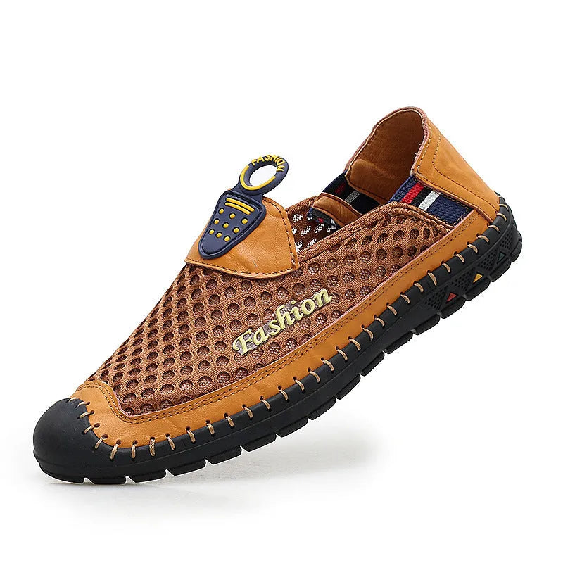 Men's brown casual mesh shoes with a round toe and non-slip rubber sole on a plain background.
