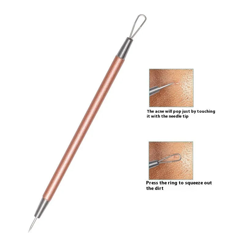 Six rose gold stainless steel acne remover pimple pins on a clean surface.