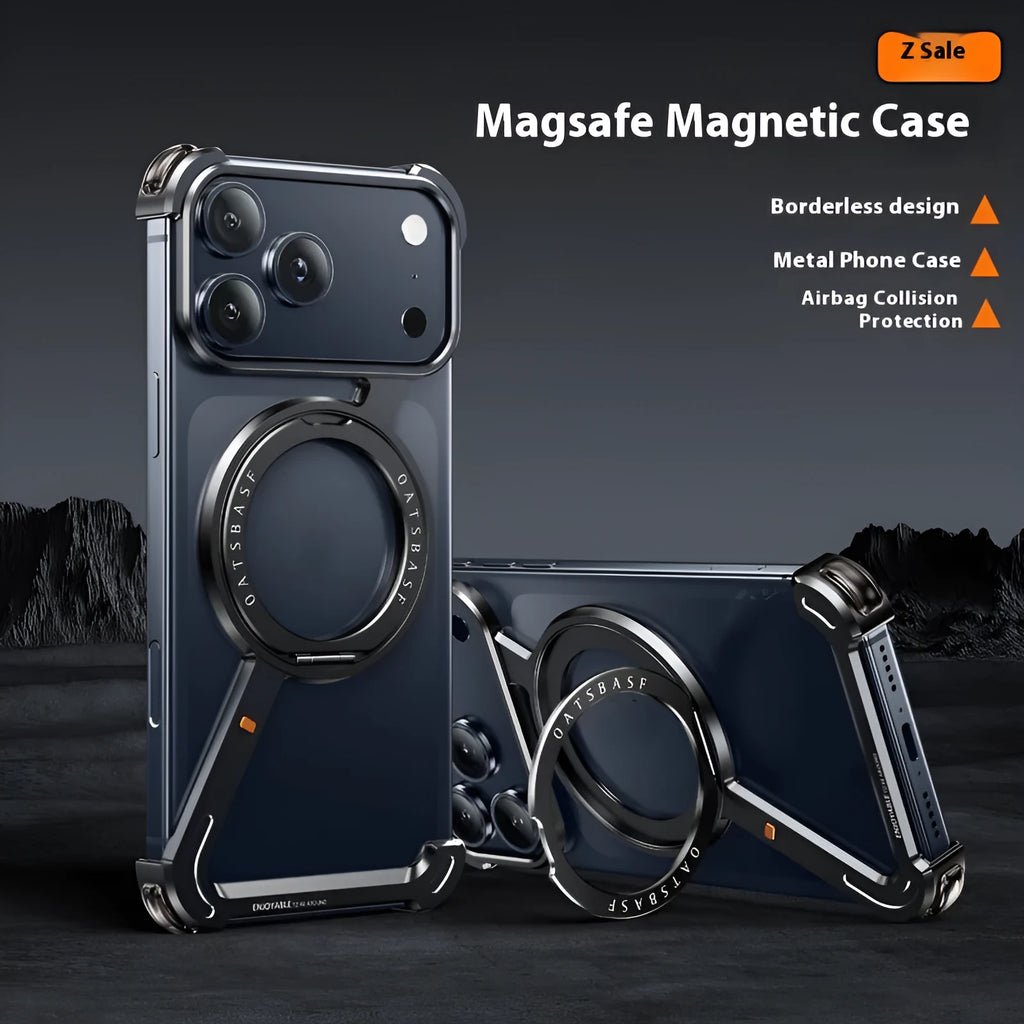 Black metal phone case for iPhone 17 Pro Max with magnetic bracket and electroplated finish