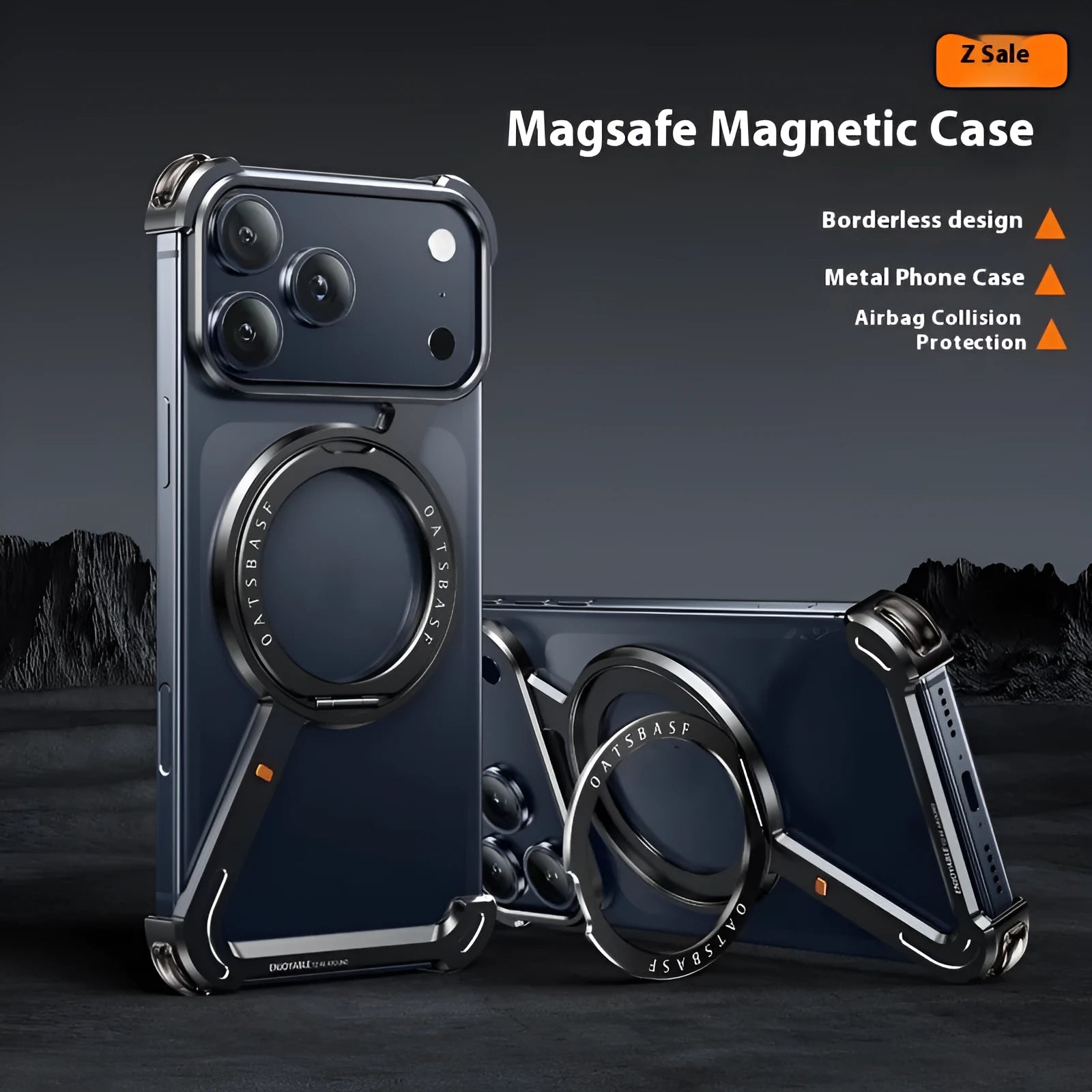 Black metal phone case for iPhone 17 Pro Max with magnetic bracket and electroplated finish