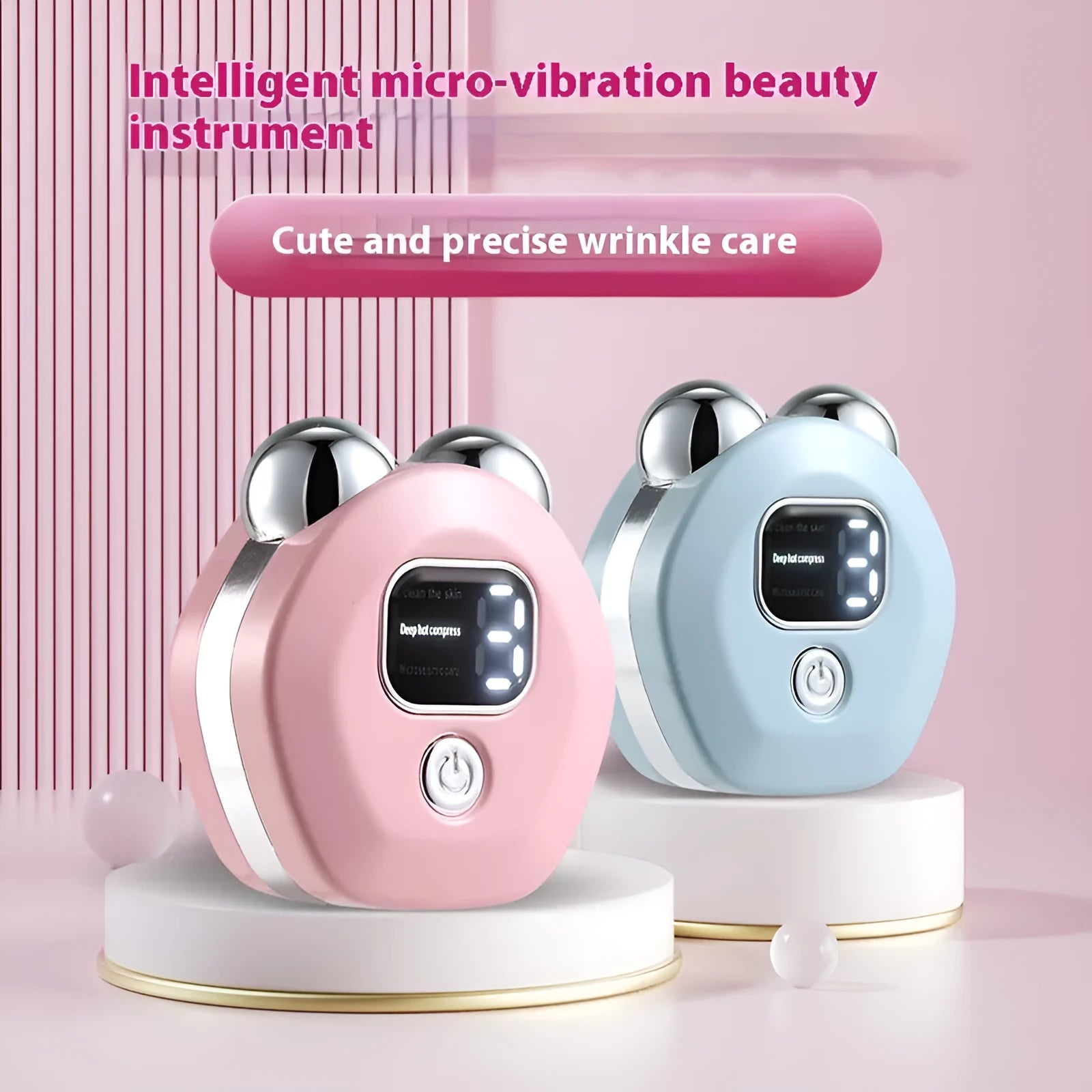 Portable white microcurrent facial massager with dual rollers and charging cable.