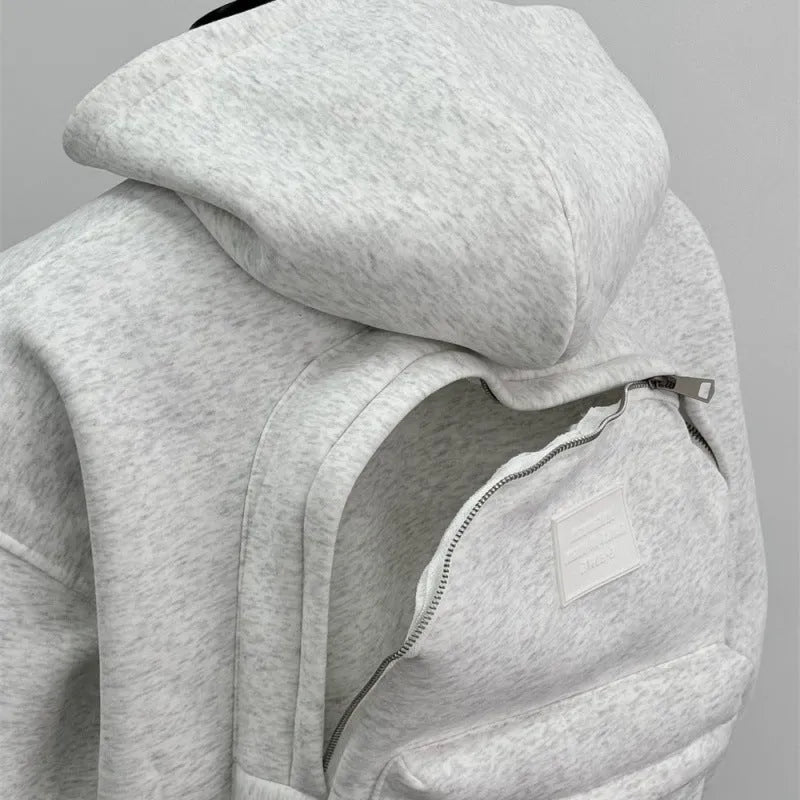 Men's grey hoodie with back schoolbag design, zip-up front and hood, polyester-cotton fabric