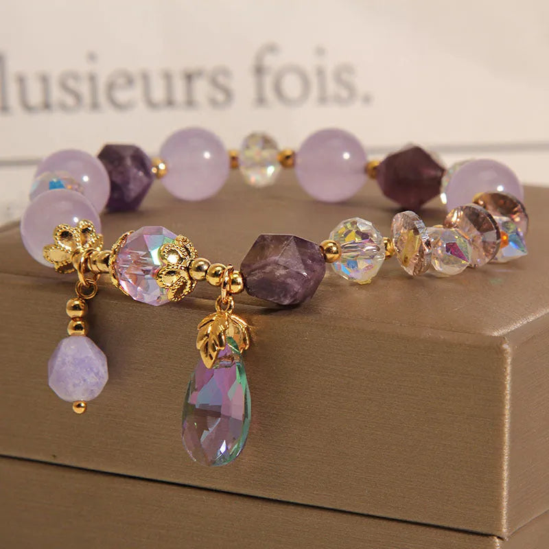 Lavender purple crystal children's bracelet with colourful water drop beads in retro purple drop design