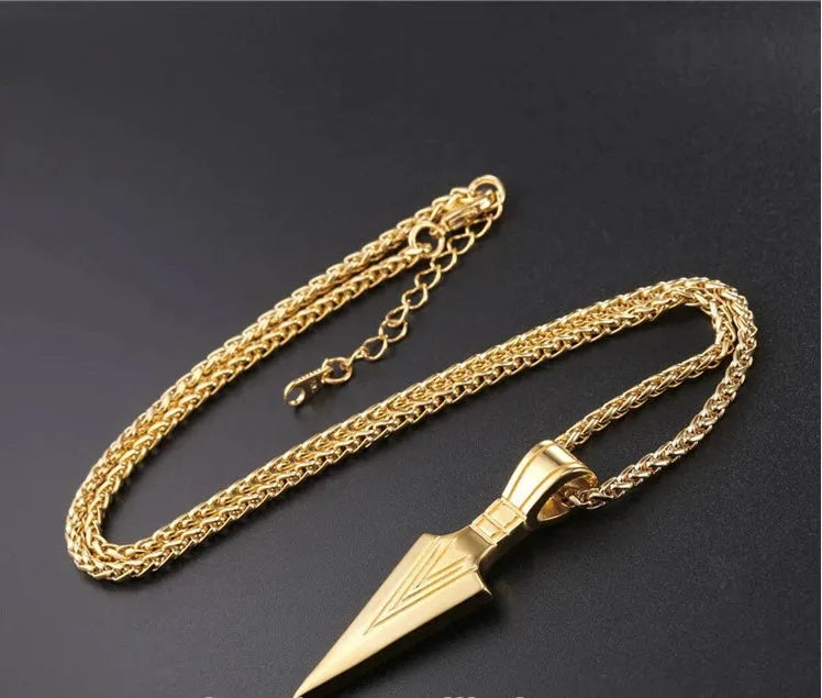Men's stainless steel spear arrow necklace with painted finish, available in gold, silver, black or steel colour