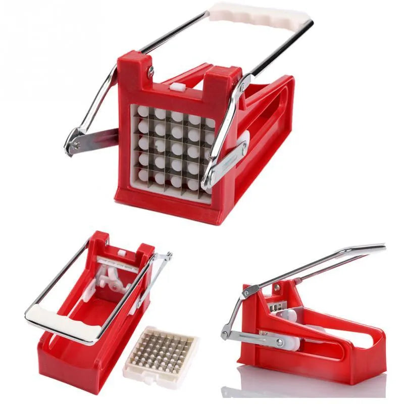 Manual potato cutter with stainless steel blades and non-slip rubber foot for French fry preparation