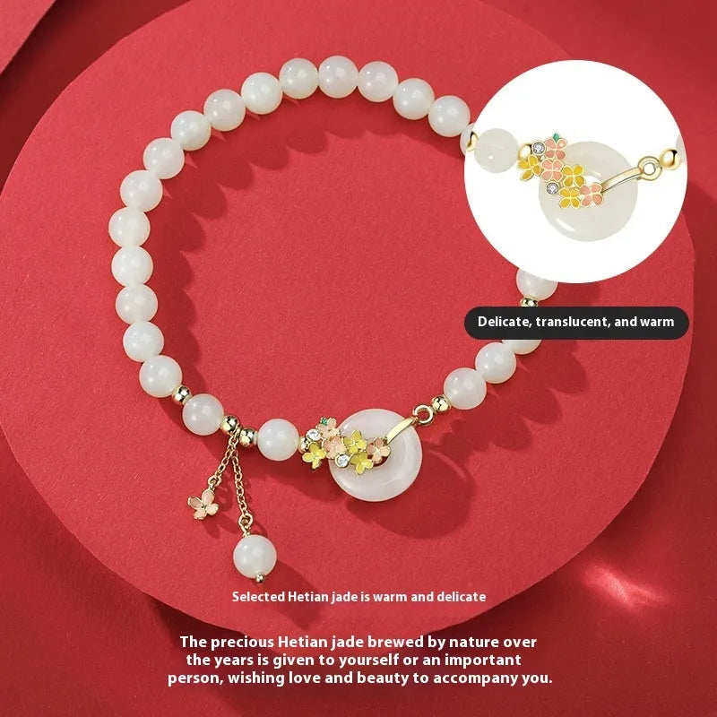 Osmanthus style bracelet with 6mm natural Hetian jade bead and S925 sterling silver buckle