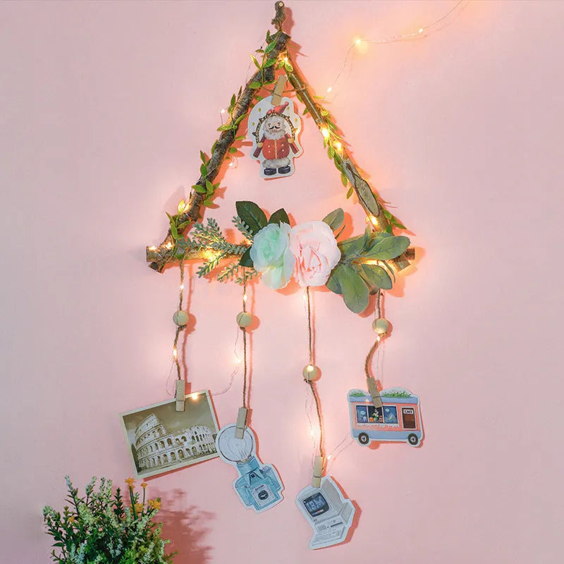 Wood and hemp rope photo wall hanging pendant with wooden clips, shown in small, medium, and large sizes.