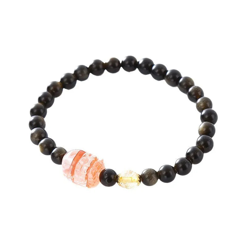 Handmade natural obsidian Pi Xiu bracelet with ethnic zodiac design in gold or red colours