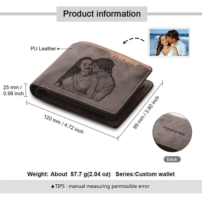 Coffee coloured PU leather engraved horizontal short wallet showing personalised text.