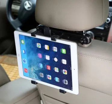 Black universal car tablet holder with adjustable steel mount attached to a car headrest.