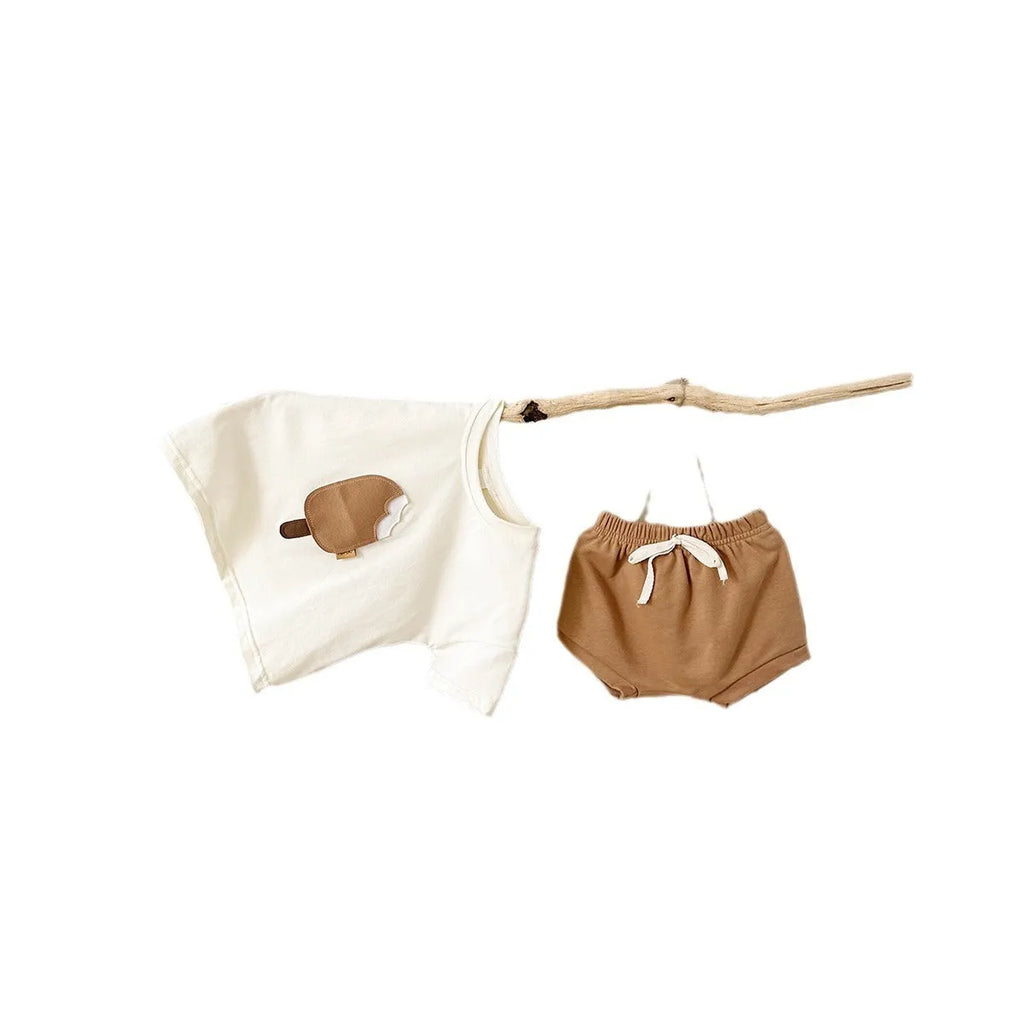 Girls' cotton shorts suit two-piece set with ice cream patch in olive, apricot or white colours