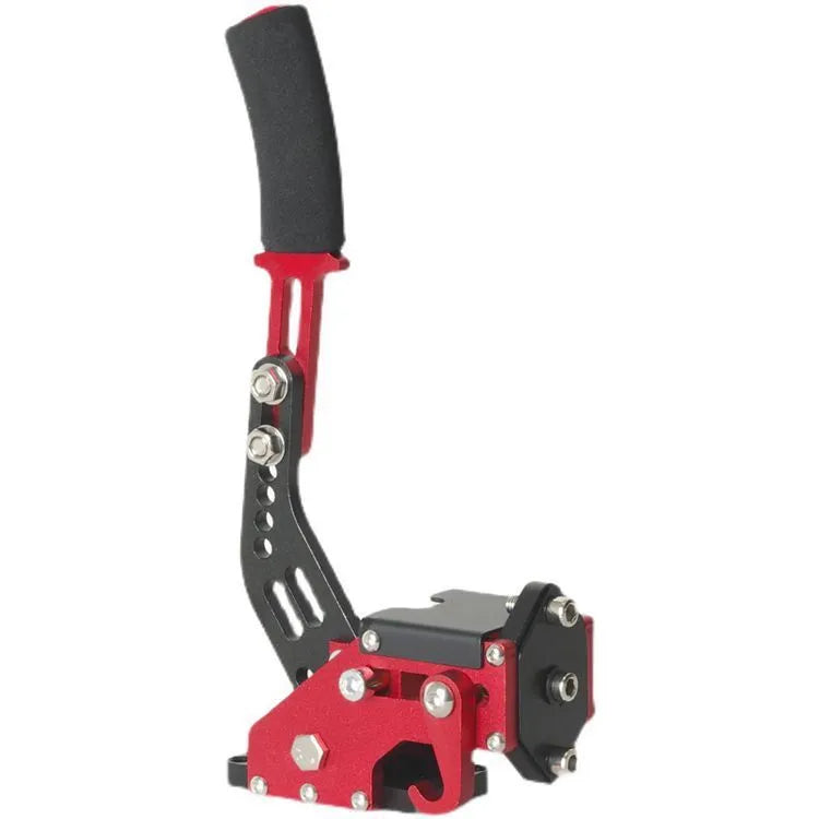 Linear sim racing handbrake accessory in red, compatible with Logitech and Thrustmaster steering wheels.