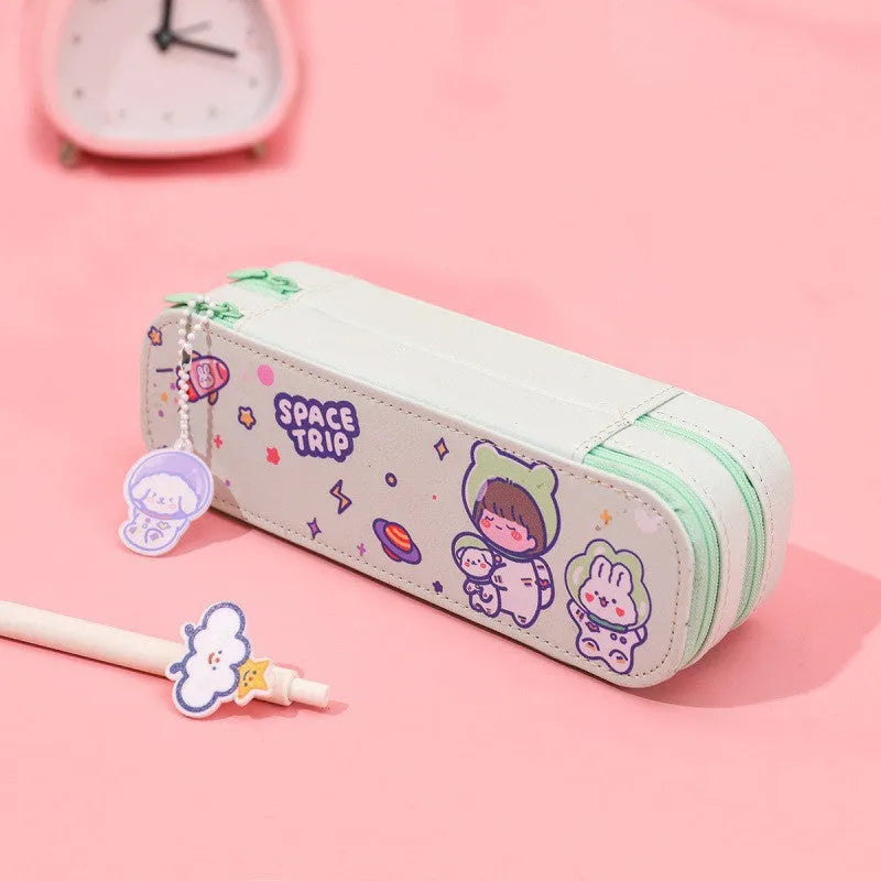 Cute astronaut double-layer PU pencil case in colourful cartoon design with multiple colour options