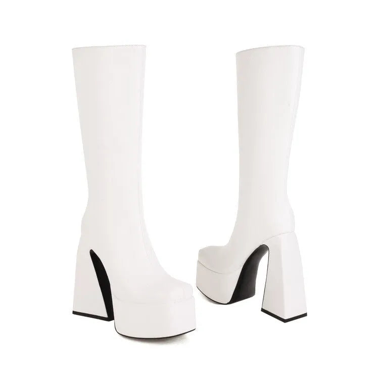 Women's black high boot made of artificial PU leather, shown from the side.
