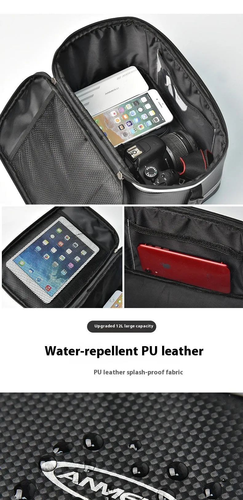 Black waterproof PU leather bicycle rack bag with 12 litre capacity for car backseat equipment transport