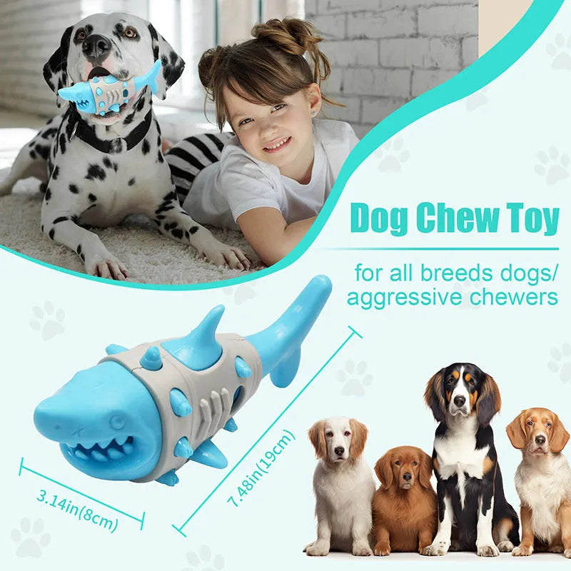 Blue grey yellow dog teething toy with shark-tooth pattern and bite-resistant rubber construction