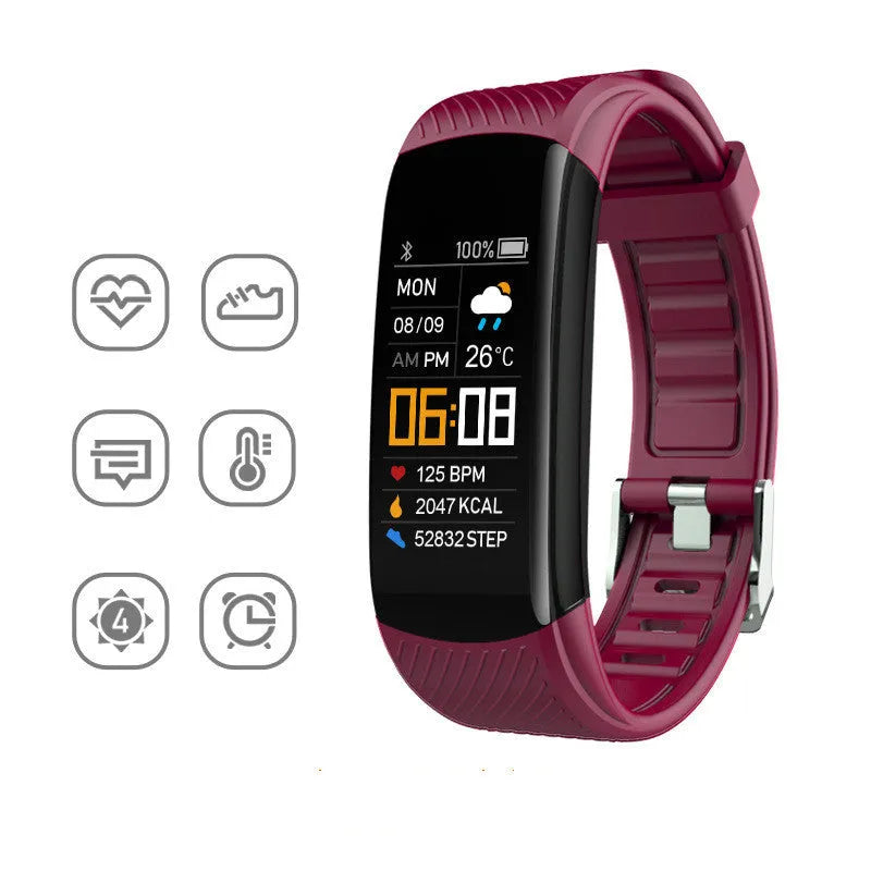 Adult sports silicone pedometer bracelet smart band with touchscreen on a wrist.