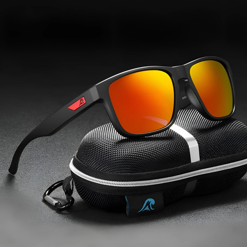 Men's plastic frame polarised sunglasses shown in one of eight available colours, featuring TAC lenses.
