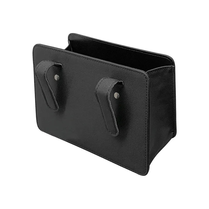 Leather car door container trash can in beige, showing compact size and hanging design for vehicle use