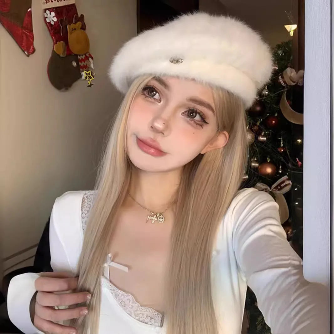 Long straight grey gold wig for women with milk tea blonde colour and included hairnet