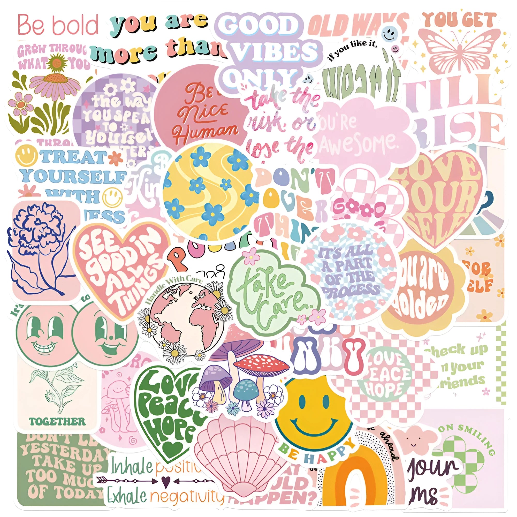 Danish pink motivational statement stickers with graffiti cartoon designs measuring 4-6cm for laptops and luggage
