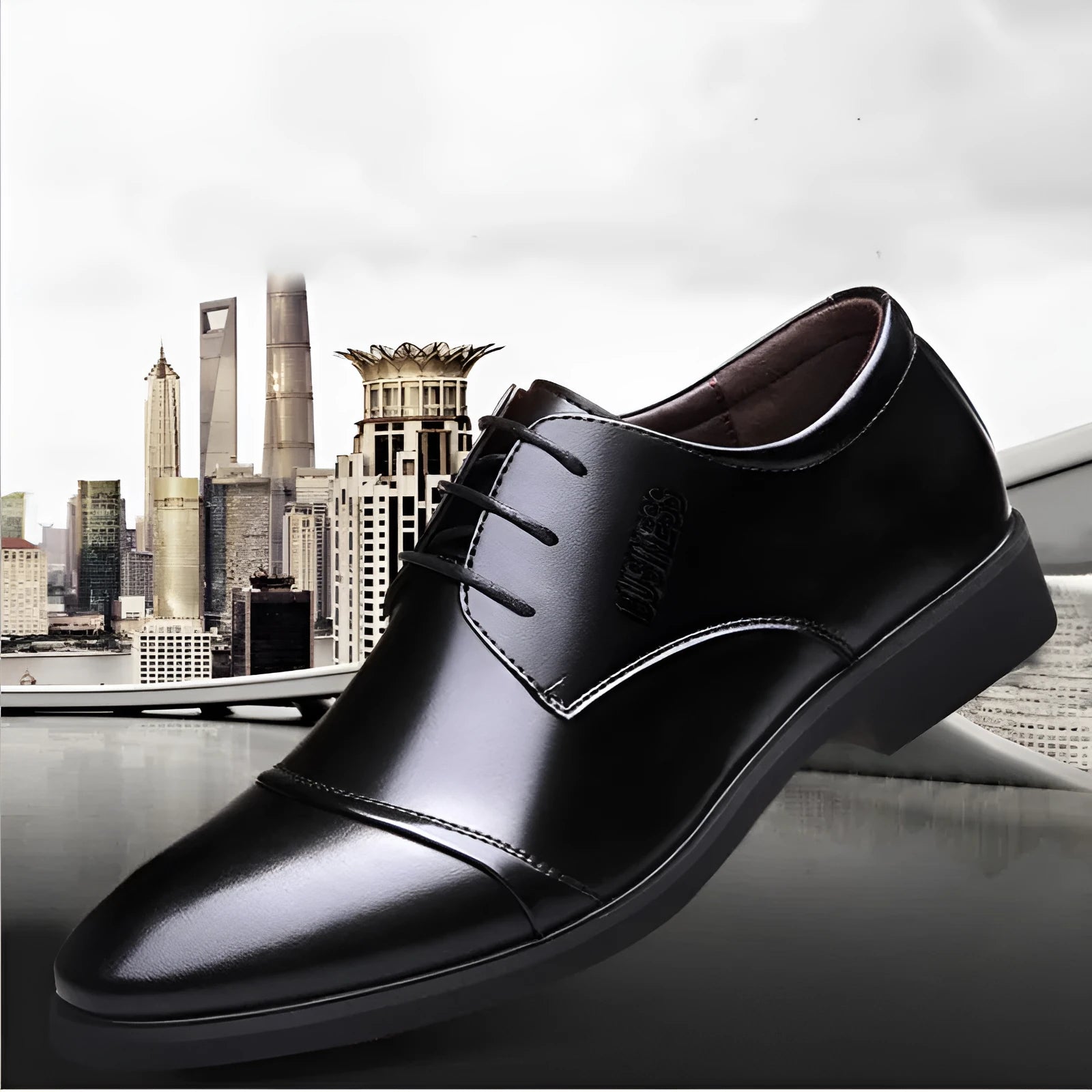 Men's black leather lace-up business shoes with rubber sole on extended size range