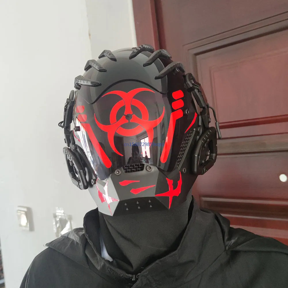 Black full face costume prop helmet with a smooth, futuristic design on a grey background.