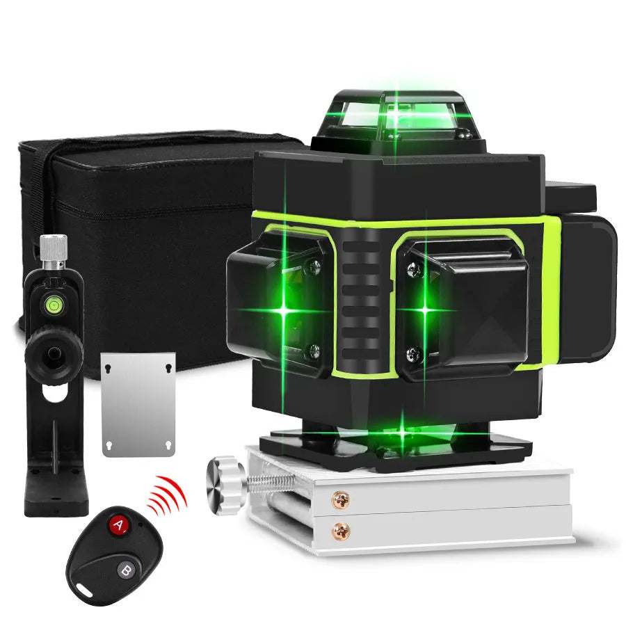 Rotating laser level tool projecting 16-line pattern for wall alignment with green/orange laser options