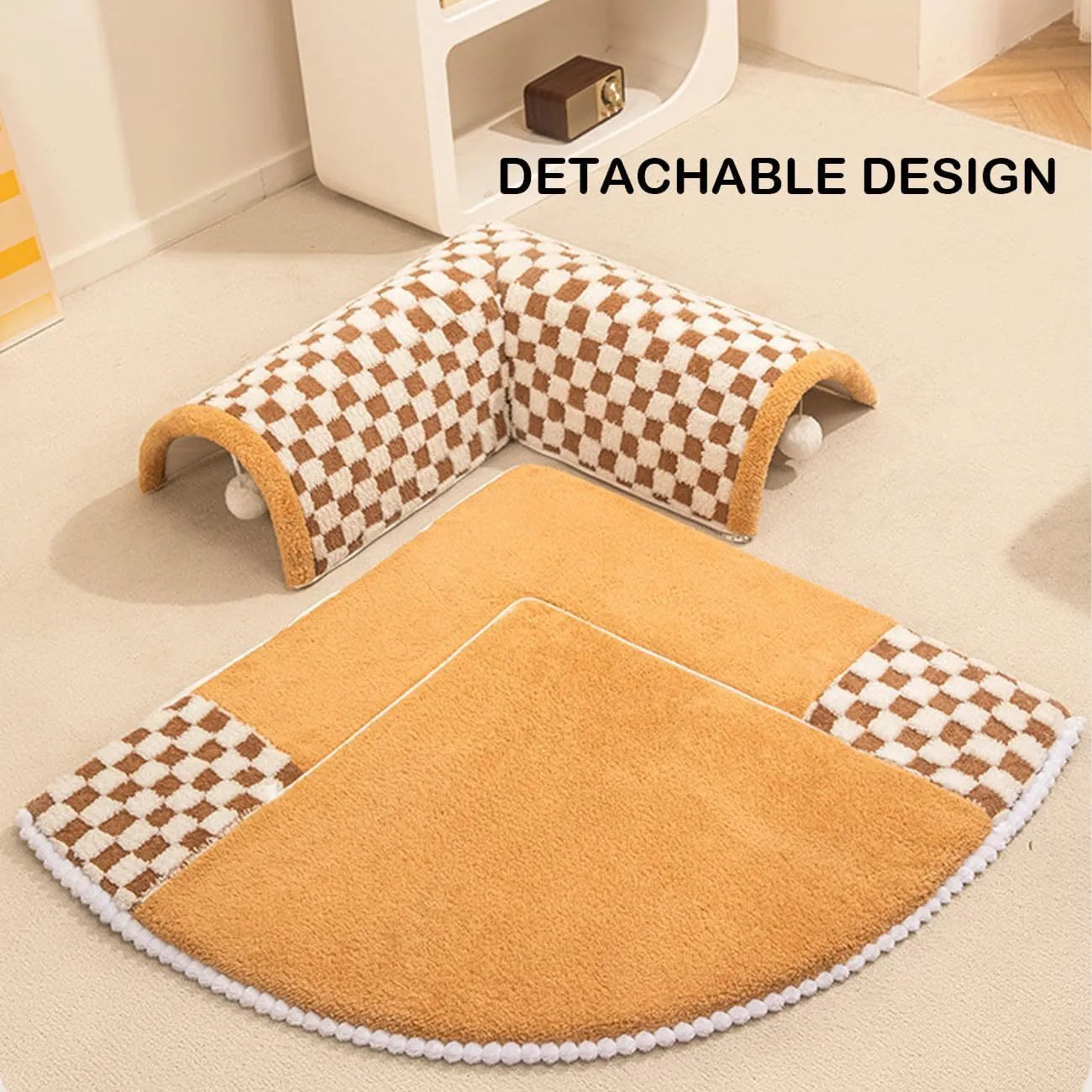 XL coffee and yellow plush 2-in-1 pet bed with a sleeping mat and attached tunnel, showing anti-slip base.