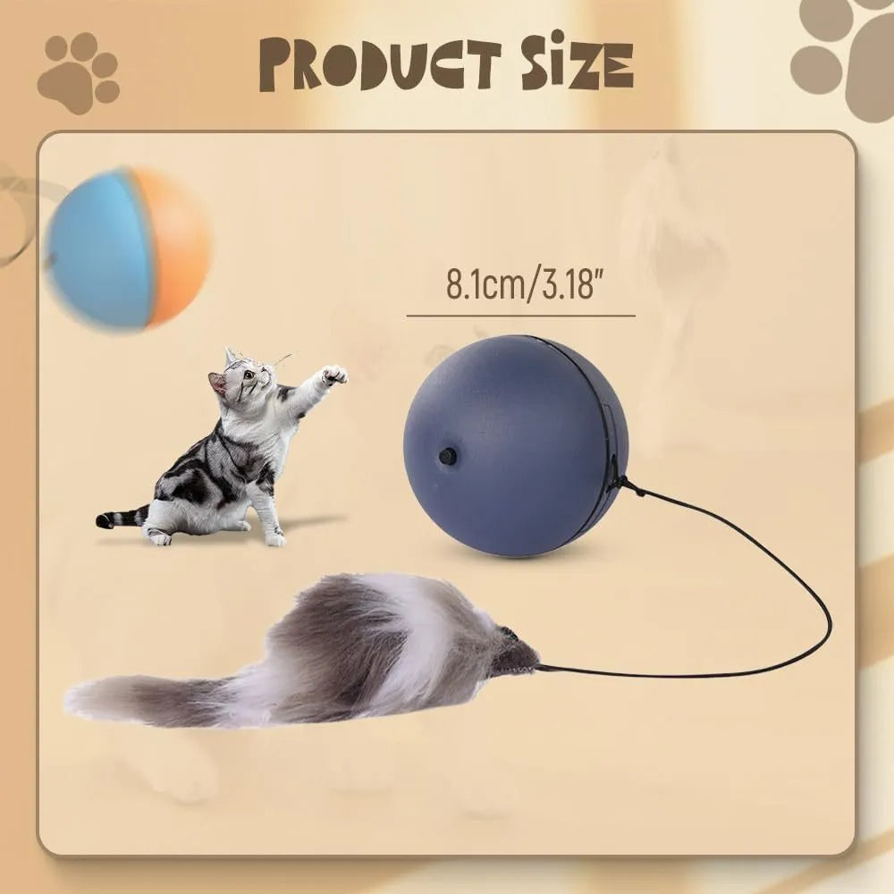 Blue orange and grey automatic rolling electric ball toy for cats and dogs on a hardwood floor