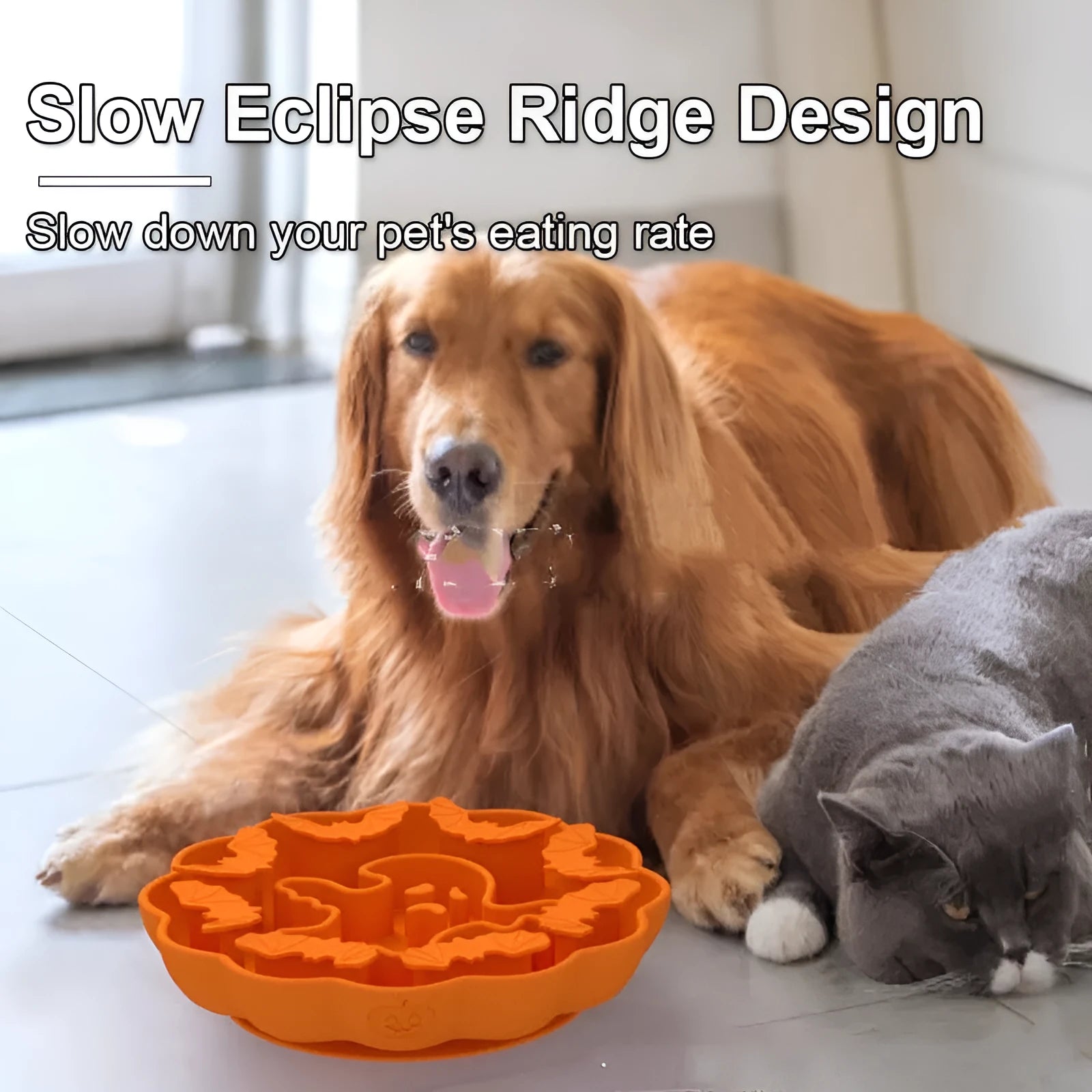 Silicone slow feeding dog bowl with anti-tumble base in Halloween orange colour