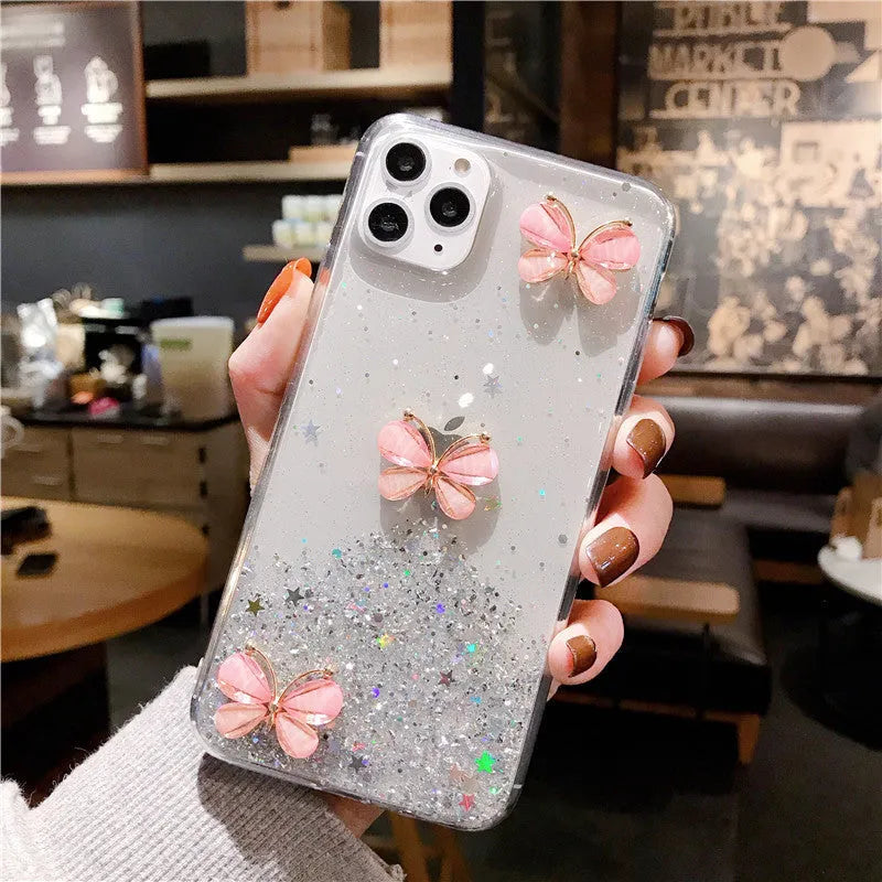 Butterfly starry sky glitter TPU phone case for iPhone, transparent back cover with drop protection