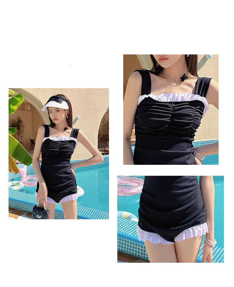 Women's one-piece swimsuit with suspender straps in solid colour options