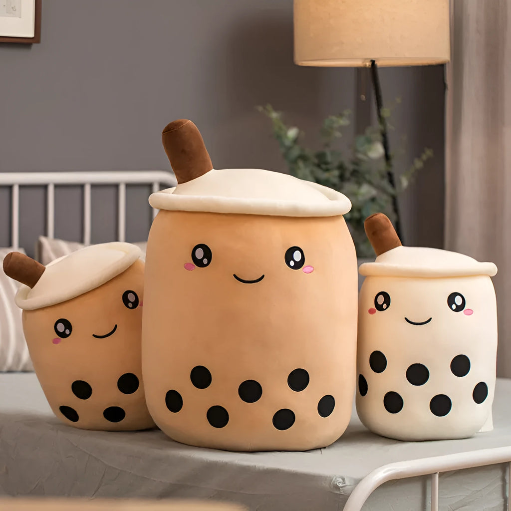 Soft plush boba milk tea teddy toy in fruit-shaped cup design with super soft stretch cotton fabric