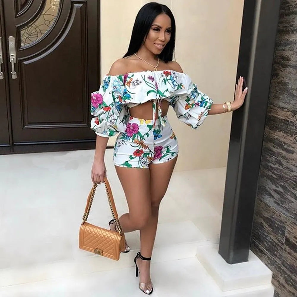 Multicolour digital print two-piece set with pile sleeve top and shorts.