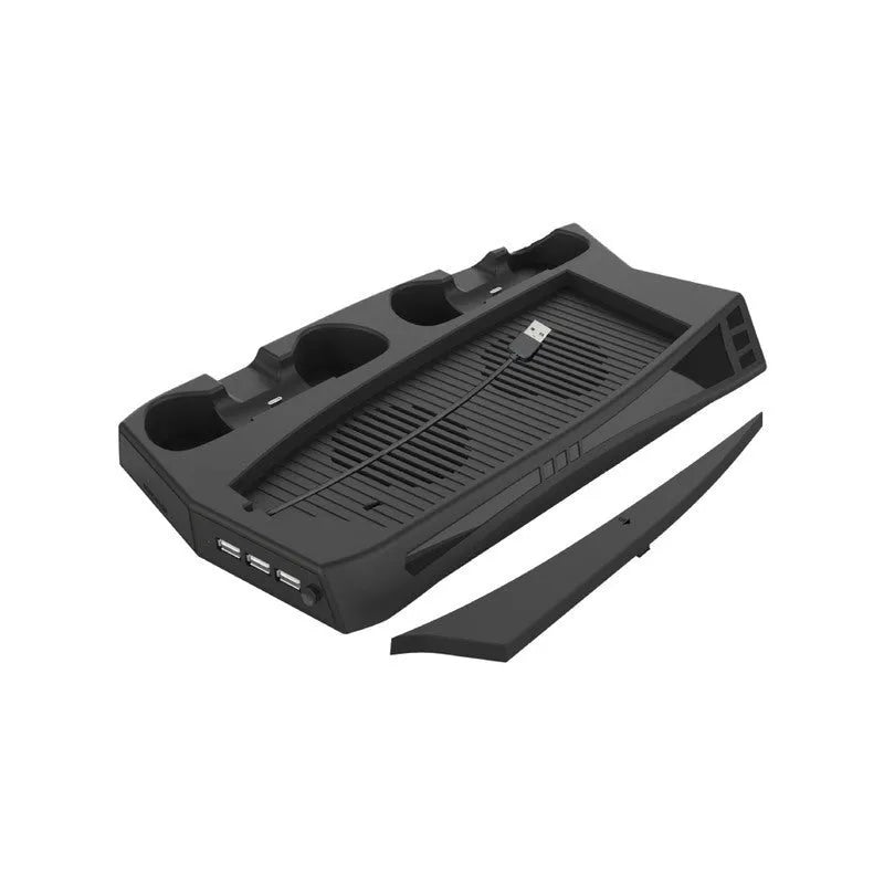Matte black PS5 cooling charging base with USB ports, two controller docks, and a fan grill.