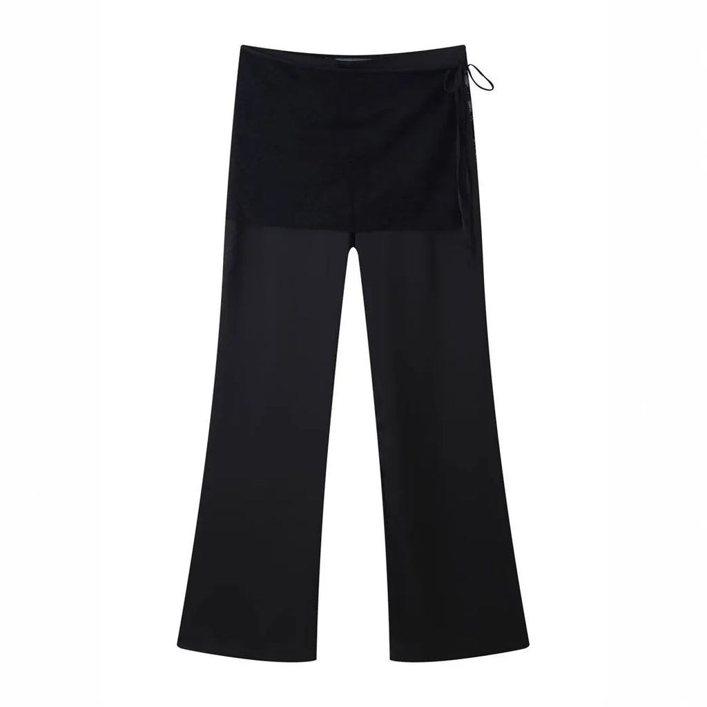 Women's black satin trousers with lace-up wrap front, loose straight-leg cut, nylon fabric