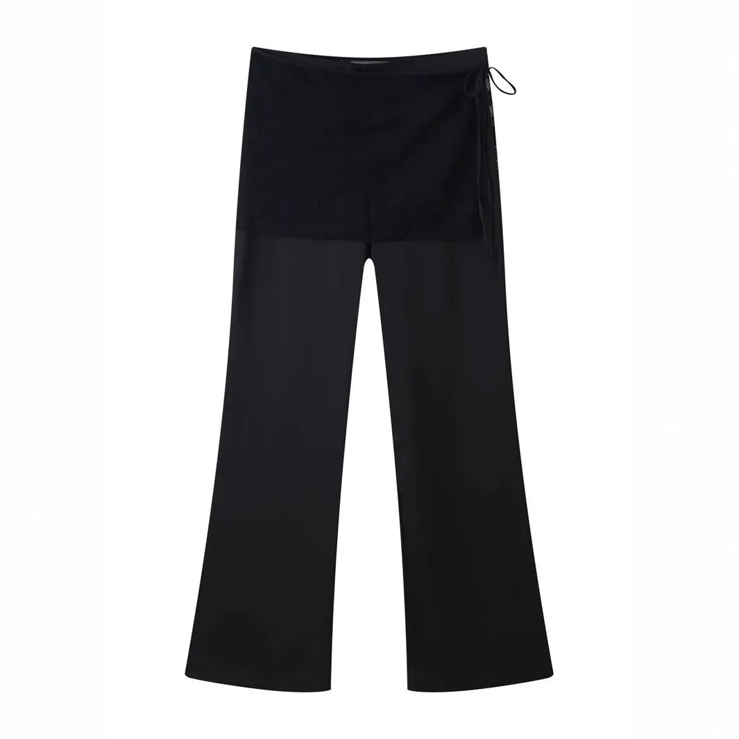 Women's black satin trousers with lace-up wrap front, loose straight-leg cut, nylon fabric