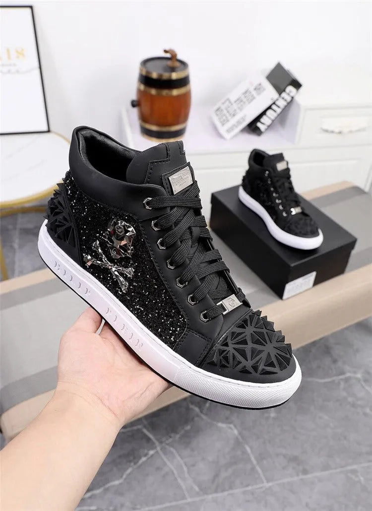 Men's black genuine leather high top skeleton shoes with lace-up front and rubber sole.
