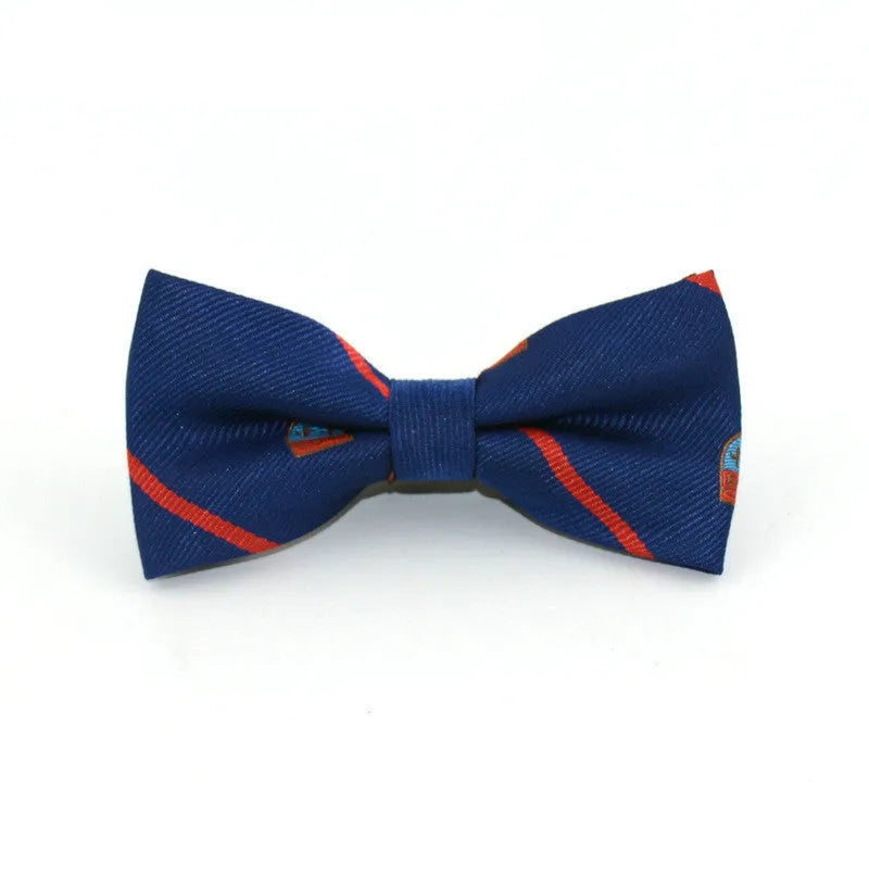 Children's polyester bow tie, 10cm by 5cm, with adjustable strap, available in 10 styles.
