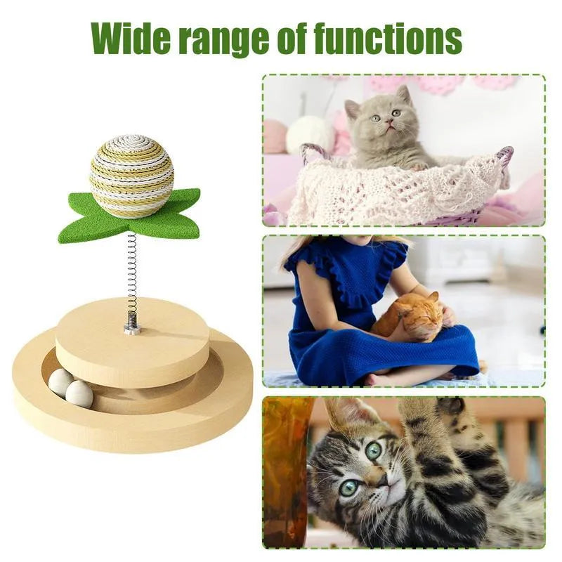 Green interactive cat toy centre with sisal scratching pad and multi-layer ball track.