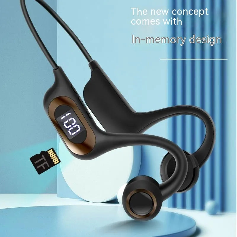 Bone conduction Bluetooth headset in black with plastic build, open ear design, and USB-C charging port