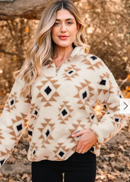 Khaki printed zip collar sweatshirt in polyester fibre, casual daily top, sizes S to 2XL