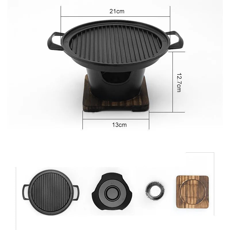 Mini BBQ grill alcohol stove double heads black 18x18x2cm on table with anti-stick plate