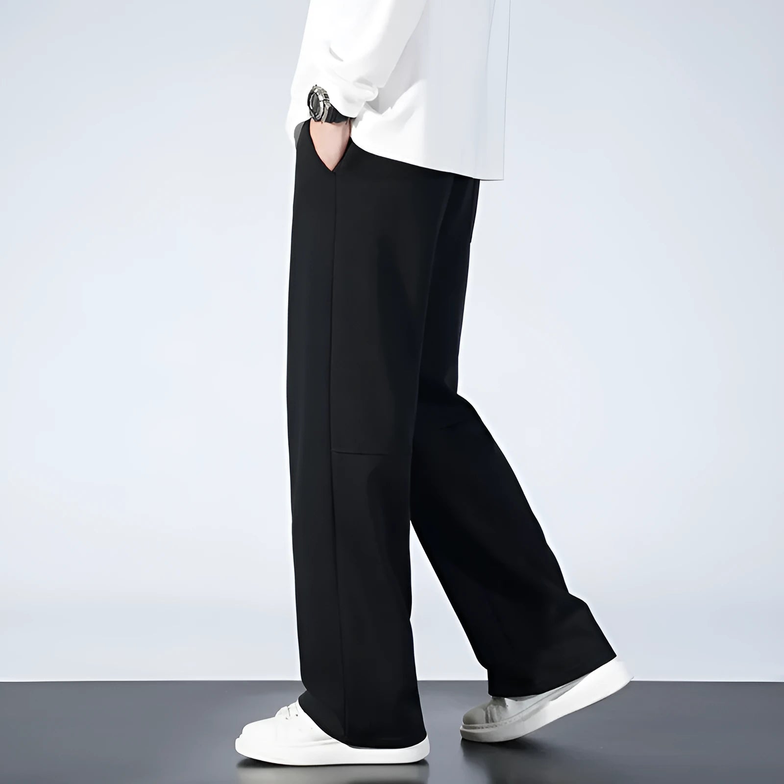 Men's straight-leg casual trousers in light gray, woolen fabric, size S to 4XL